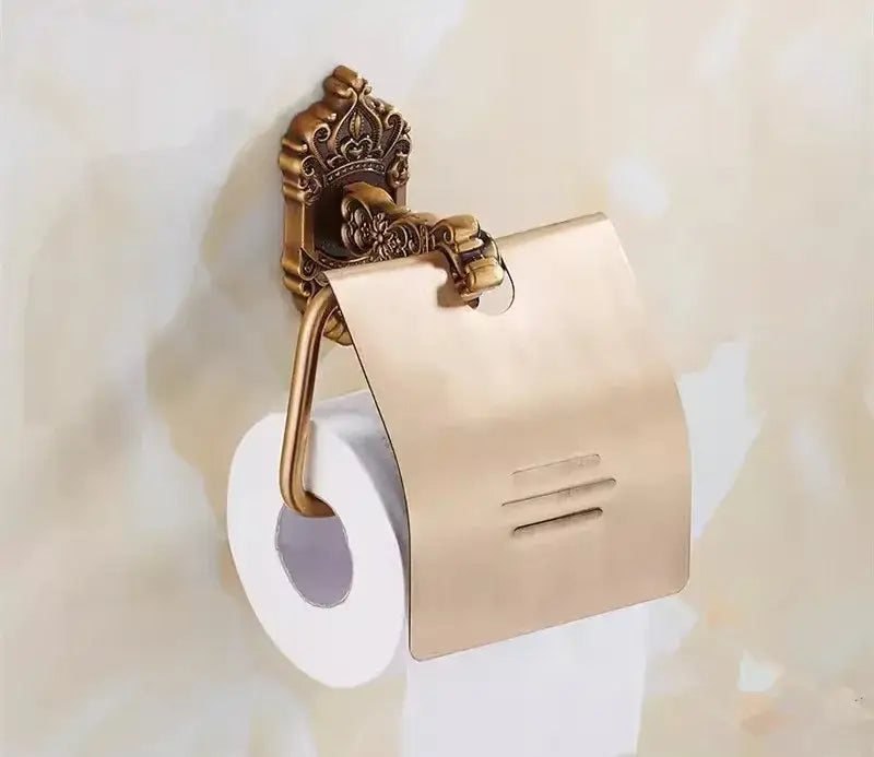 Antique brass toilet paper holder with ornate crown design and metallic cover from decorbites bronze carved bath set