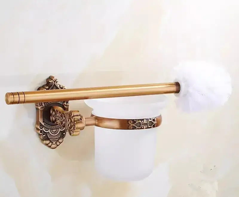Antique brass-finished toilet brush holder with ornate wall-mounted bracket and frosted cup from decorbites bronze carved bath set