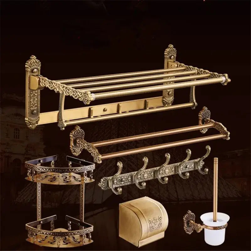 Antique brass-finished bronze carved bath accessories set with ornate vintage-inspired detailing for bathroom decorbites decor