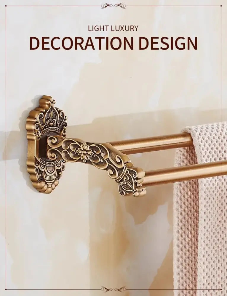 Antique brass double towel rack with ornate floral scrollwork detail in decorbites bronze carved bath accessories set