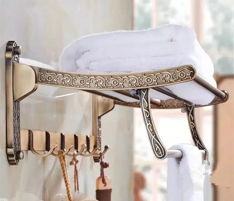 Antique brass bathroom towel rack with ornate floral engraving and multiple hooks from decorbites bronze carved bath accessories