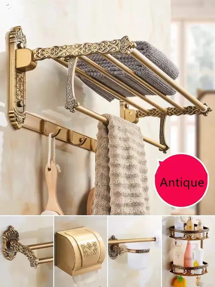 Antique gold-finished ornate bathroom towel rack with decorative scrollwork from decorbites bronze carved bath accessories set