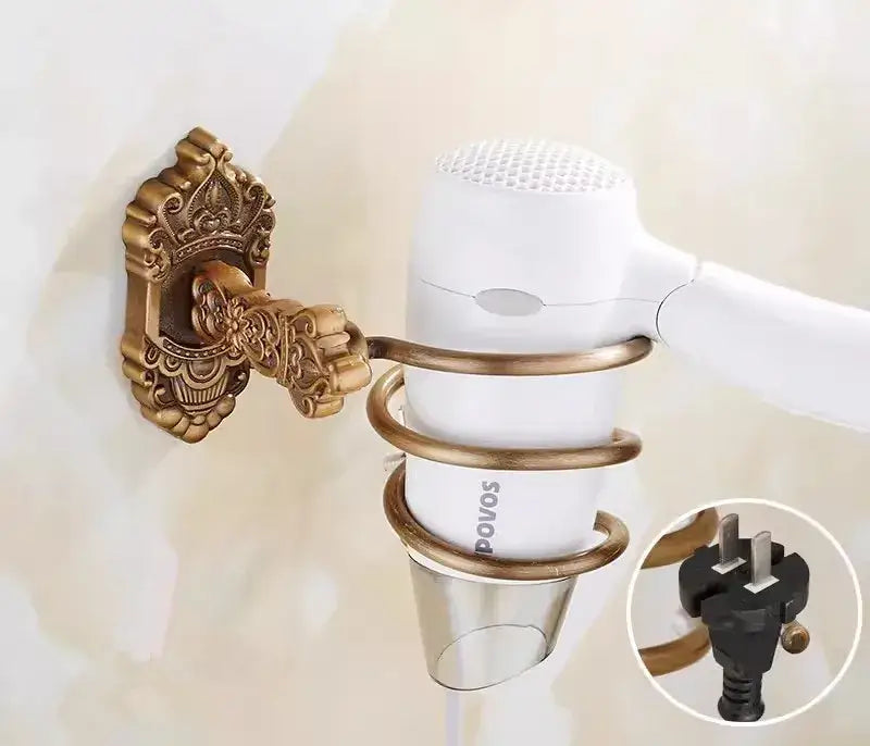 White povos hair dryer mounted in a decorbites bronze carved brass wall holder from carved bath accessories set