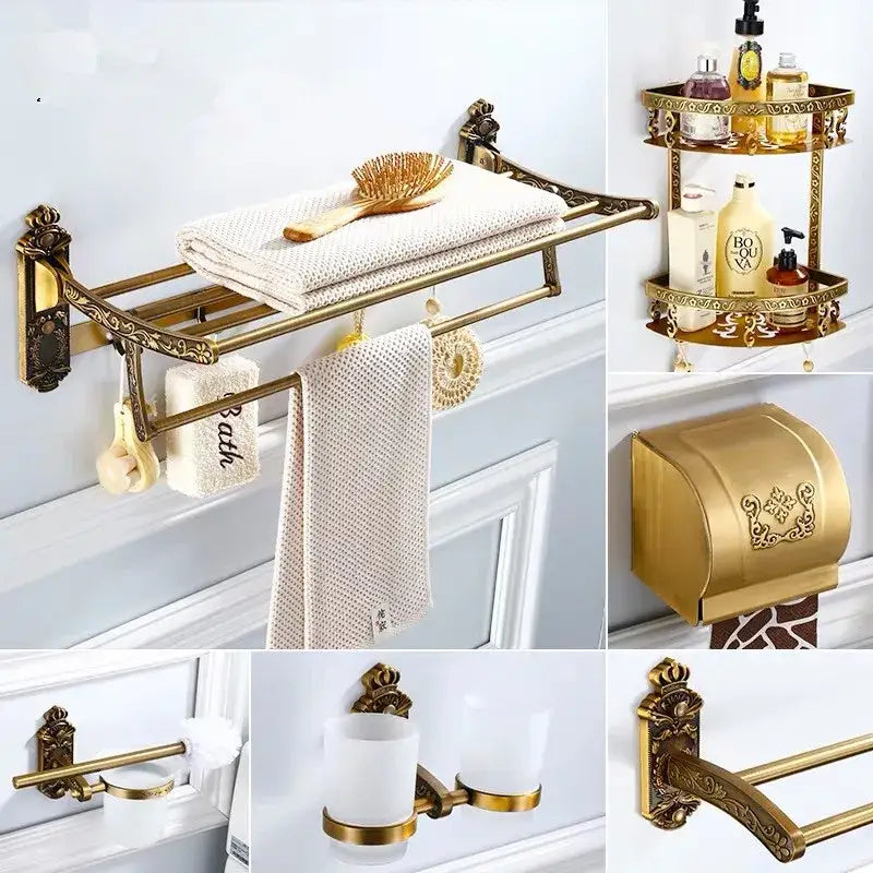 Antique bronze carved bathroom wall rack in brass finish with ornate scrollwork and dual-tiered design for towels and toiletries