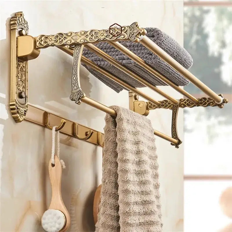 Antique bronze carved bath wall rack with gold-toned ornately designed multiple bars for carved bath accessories decorbites bronze carved