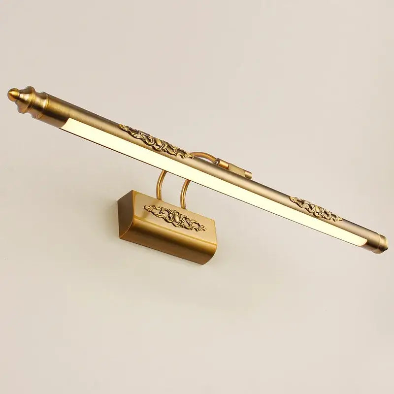 Gold-toned decorbites bronze carved mirror lamp with ornate metalwork and led strip for bathroom wall lighting