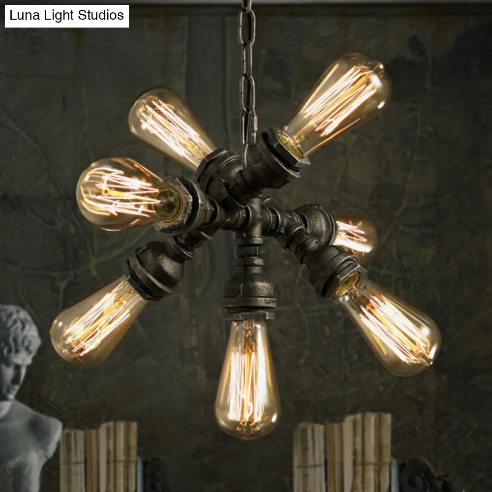 Lámpara de araña antigua de bronce con 7 bombillas – Lámpara colgante vintage de tubo metálico