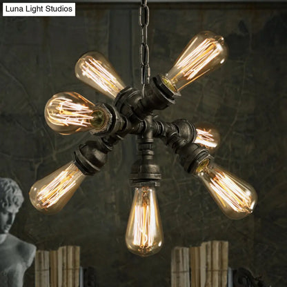 Lámpara de araña antigua de bronce con 7 bombillas – Lámpara colgante vintage de tubo metálico