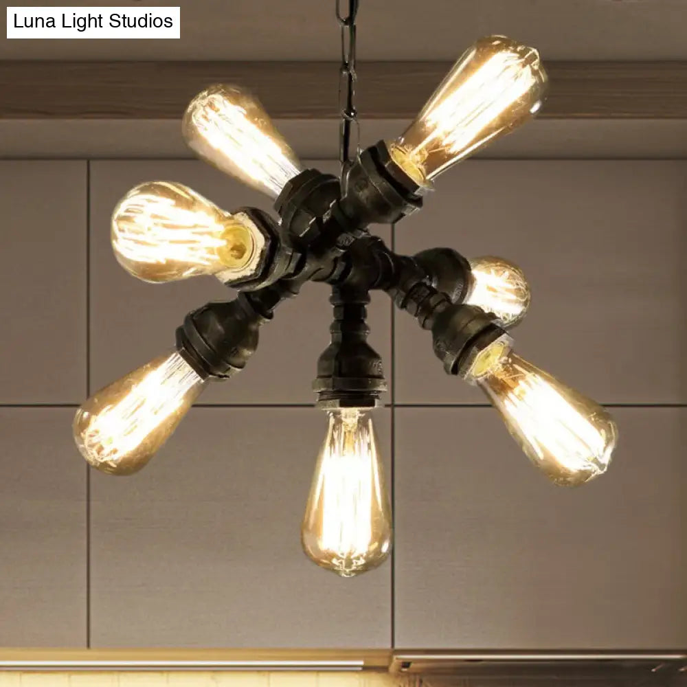 Lámpara de araña antigua de bronce con 7 bombillas – Lámpara colgante vintage de tubo metálico