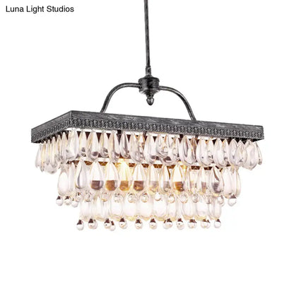 Antique bronze rectangular chandelier with clear crystal teardrop tiers in black metal for dining room light