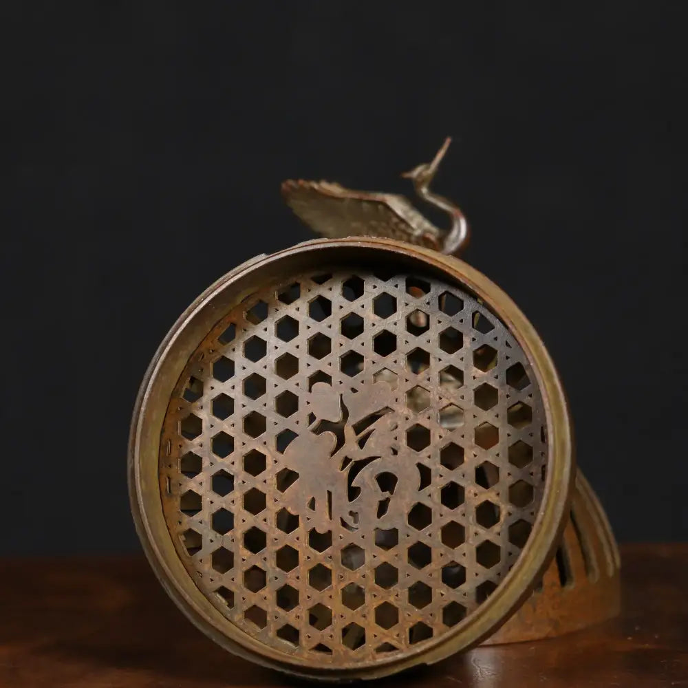 Antique bronze crane incense burner with hexagonal lattice design and carved Chinese character for living room decorbites crane incense