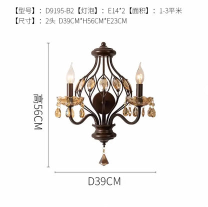 Bronze-finished wrought iron wall lamp with three amber crystal candle arms for living room bedroom decorbites crystal candle