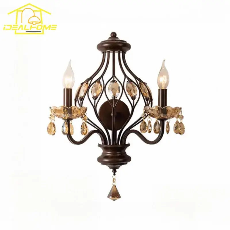 Antique bronze wall lamp with three crystal candle arms featuring amber droplets for living room decorbites crystal candle