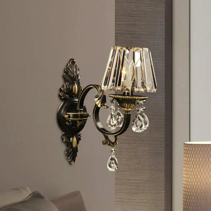 Antique bronze and crystal wall sconce with tiered faceted glass shade and e14 light bulb base for living room