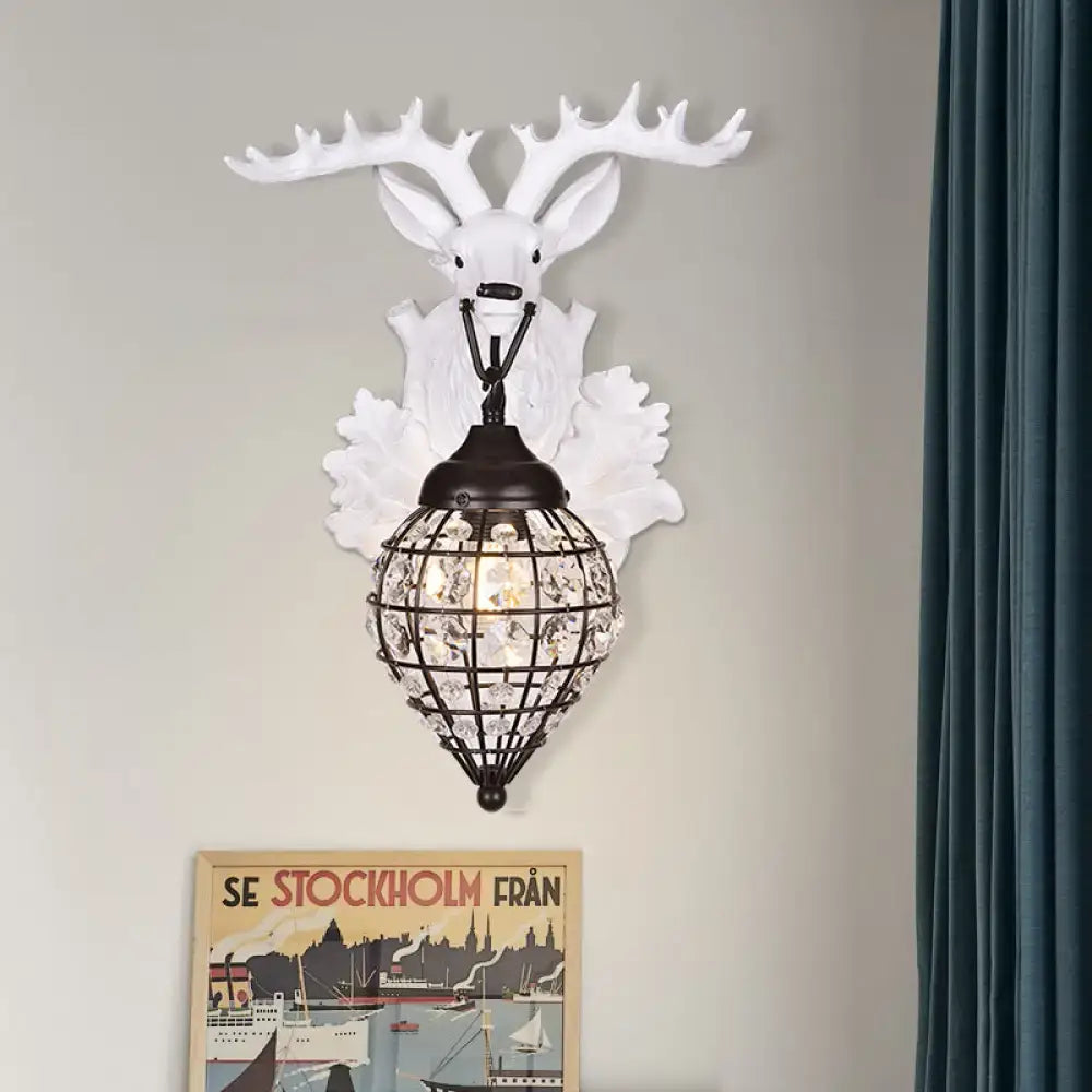 Antique bronze deer head wall lamp with white deer head sconce and black metal cage housing clear crystal beads 110v-120v 220v-240v