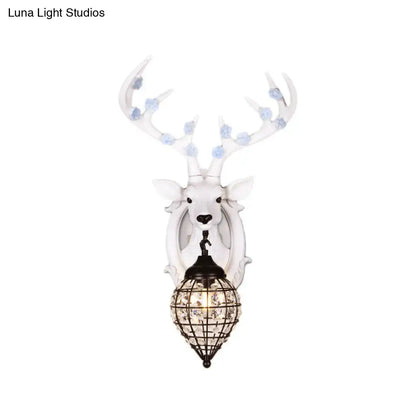 Antique bronze deer head wall lamp with crystal teardrop shade and blue floral antler accents for living room sconce 110v-120v 220v-240v
