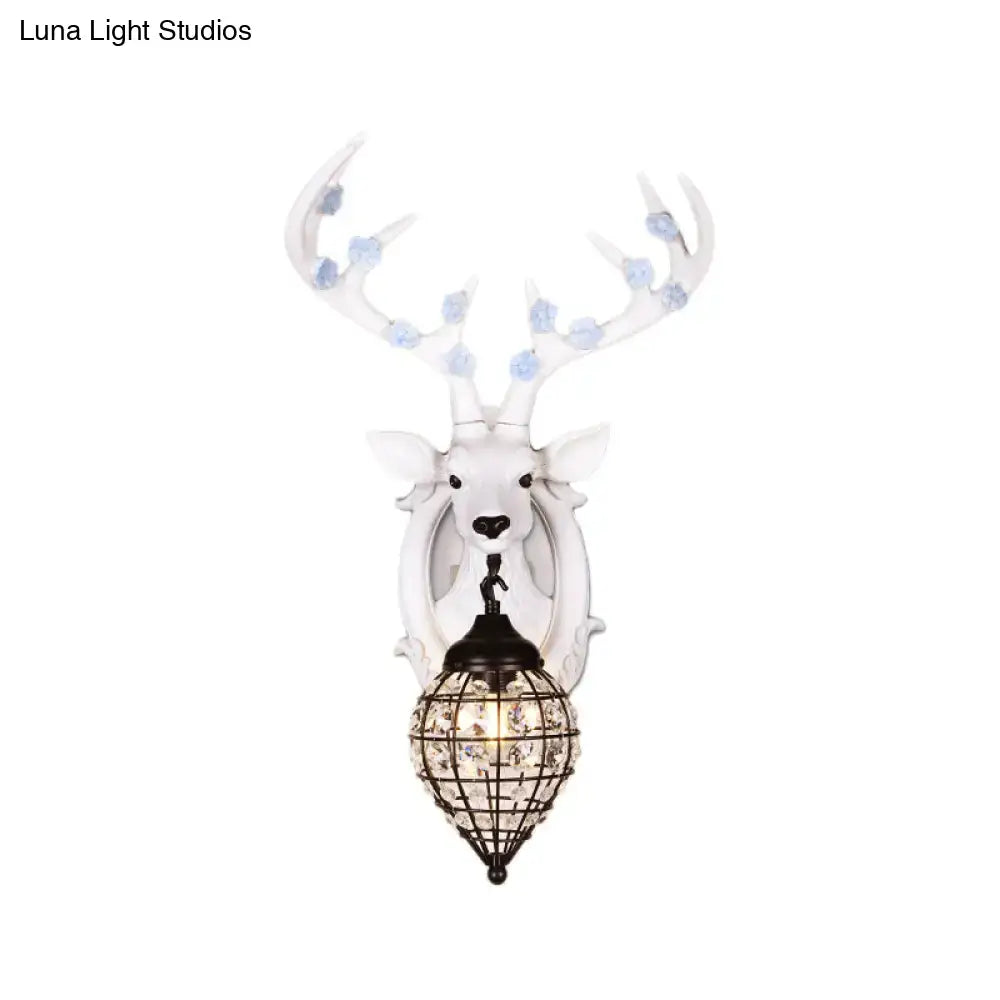 White ceramic deer head wall lamp with black wrought iron and crystal lantern shade suitable for 110v-120v 220v-240v use