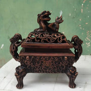 Antique bronze double dragon lion incense burner with intricate floral carvings and mythical creature lid for living room ornament