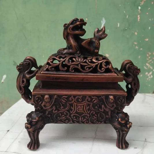 Antique bronze double dragon lion incense burner with intricate floral carvings and mythical creature lid for living room ornament