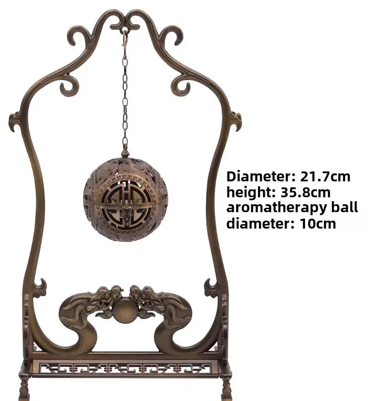Antique bronze dragon alloy incense burner with ornate metal stand and spherical aromatherapy ball featuring chinese patterns