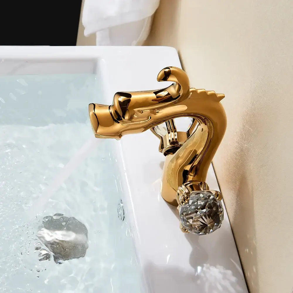 Antique bronze handle basin faucet featuring a golden dragon design with a crystal knob for bathroom sinks decorbites dragon