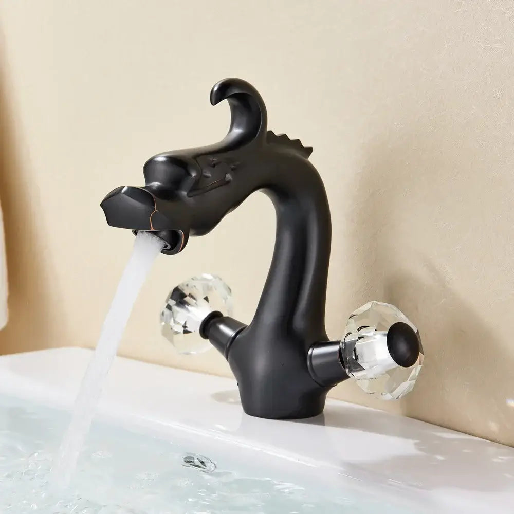 Antique bronze decorbites dragon handle basin faucet with black dragon design and crystal knobs for bathroom vessel sink