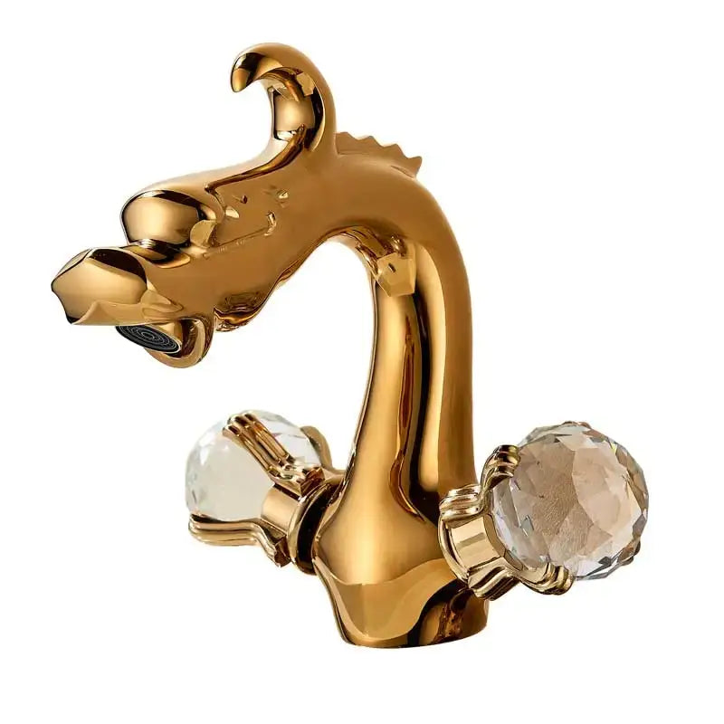Gold-colored decorbites dragon handle basin faucet with crystal knobs for bathroom vessel sink use