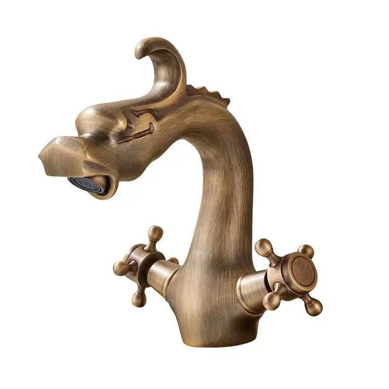 Antique bronze decorbites dragon handle basin faucet with ornate brass dragon head and cross-handle controls for bathroom vessel sink