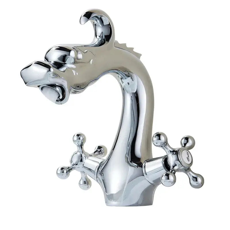 Chrome finished decorbites dragon handle basin faucet with ornate sculpted spout and cross handle controls for bathroom vessel sink