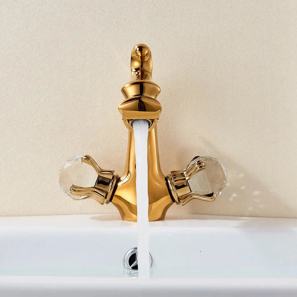 Gold-colored antique bronze dragon handle basin faucet with crystal knobs for bathroom vessel sink decorbites dragon model