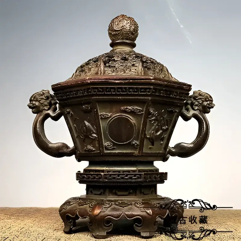 Antique bronze dragon incense burner set featuring intricate floral carvings and an ornate lid for living room decor