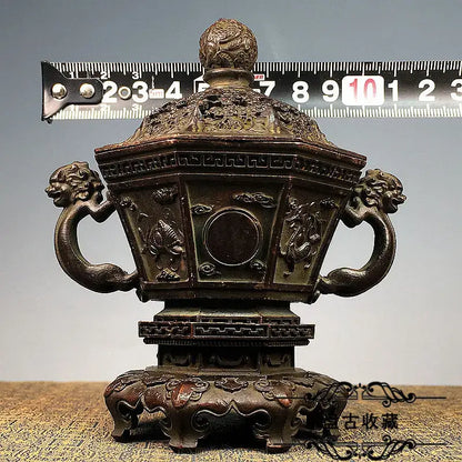 Antique bronze dragon incense burner set with hexagonal body and intricate carvings for living room decor