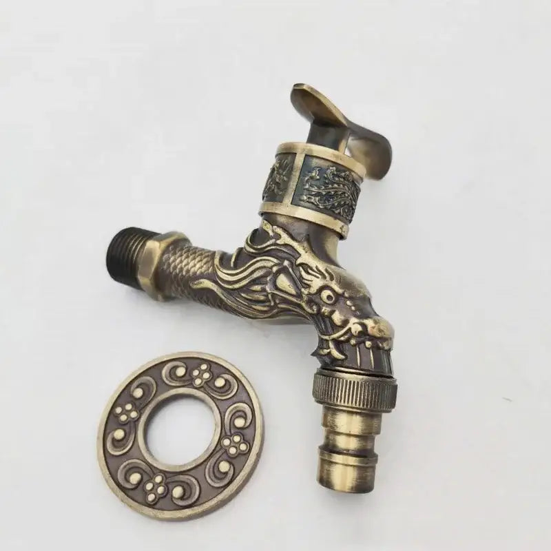 Antique bronze dragon tap bibcock outdoor garden faucet featuring intricate brass dragon head and ornate decorative bands
