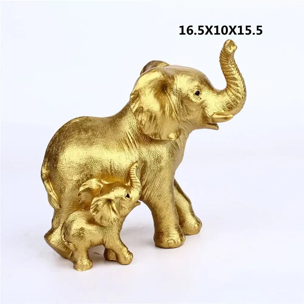 Golden resin elephant family figurine set with intricately detailed textured skin and raised trunks for living room decor