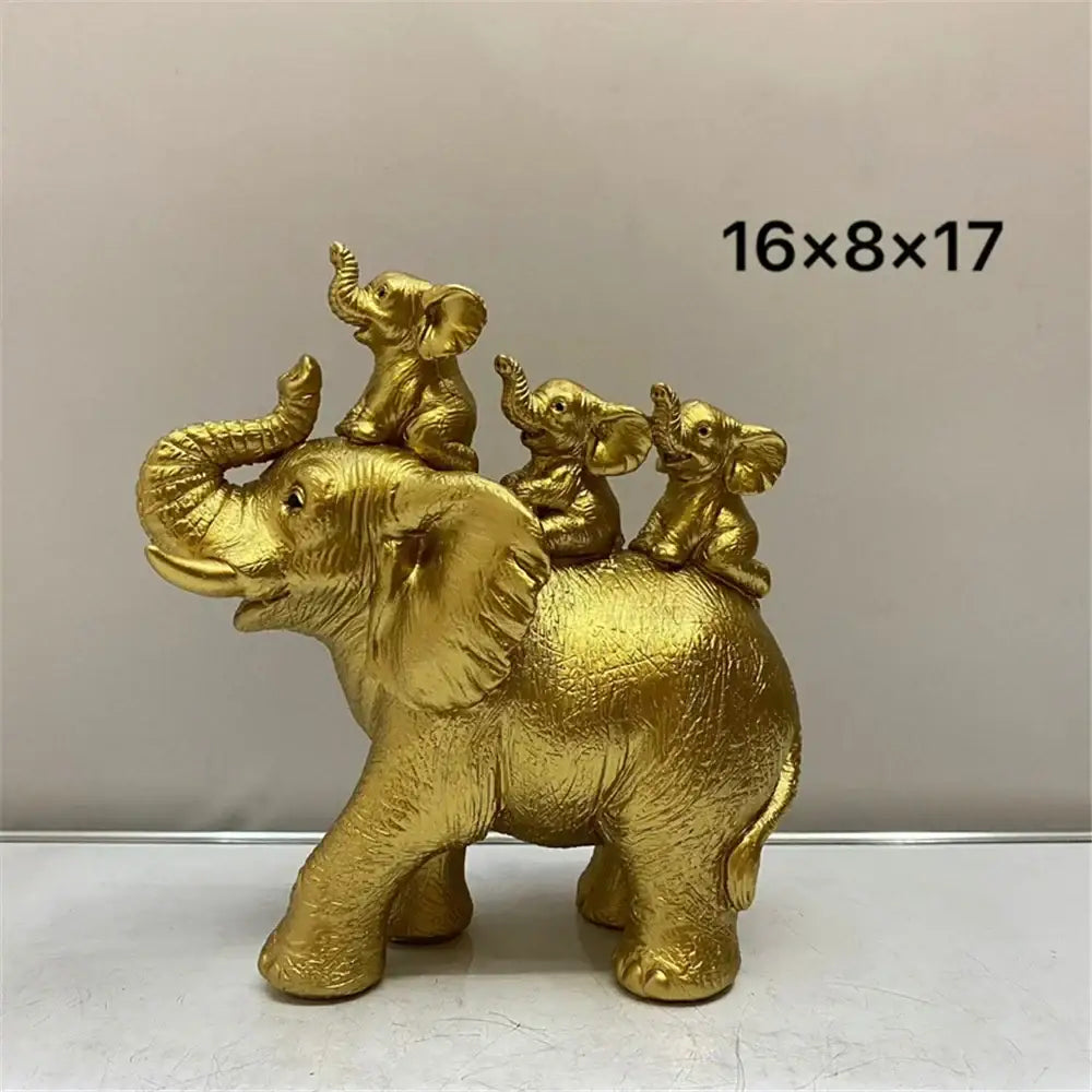 Golden resin elephant family figurine with three smaller elephants on its back antique bronze living room ornament