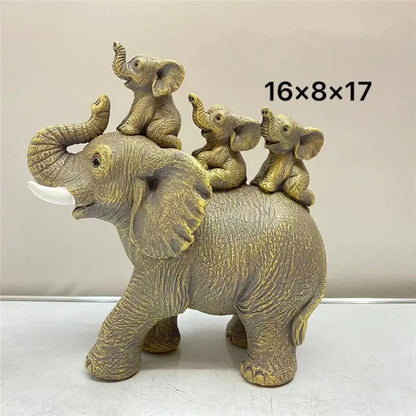 Antique bronze elephant family figurine featuring golden-toned resin with textured skin and three smaller elephants on back