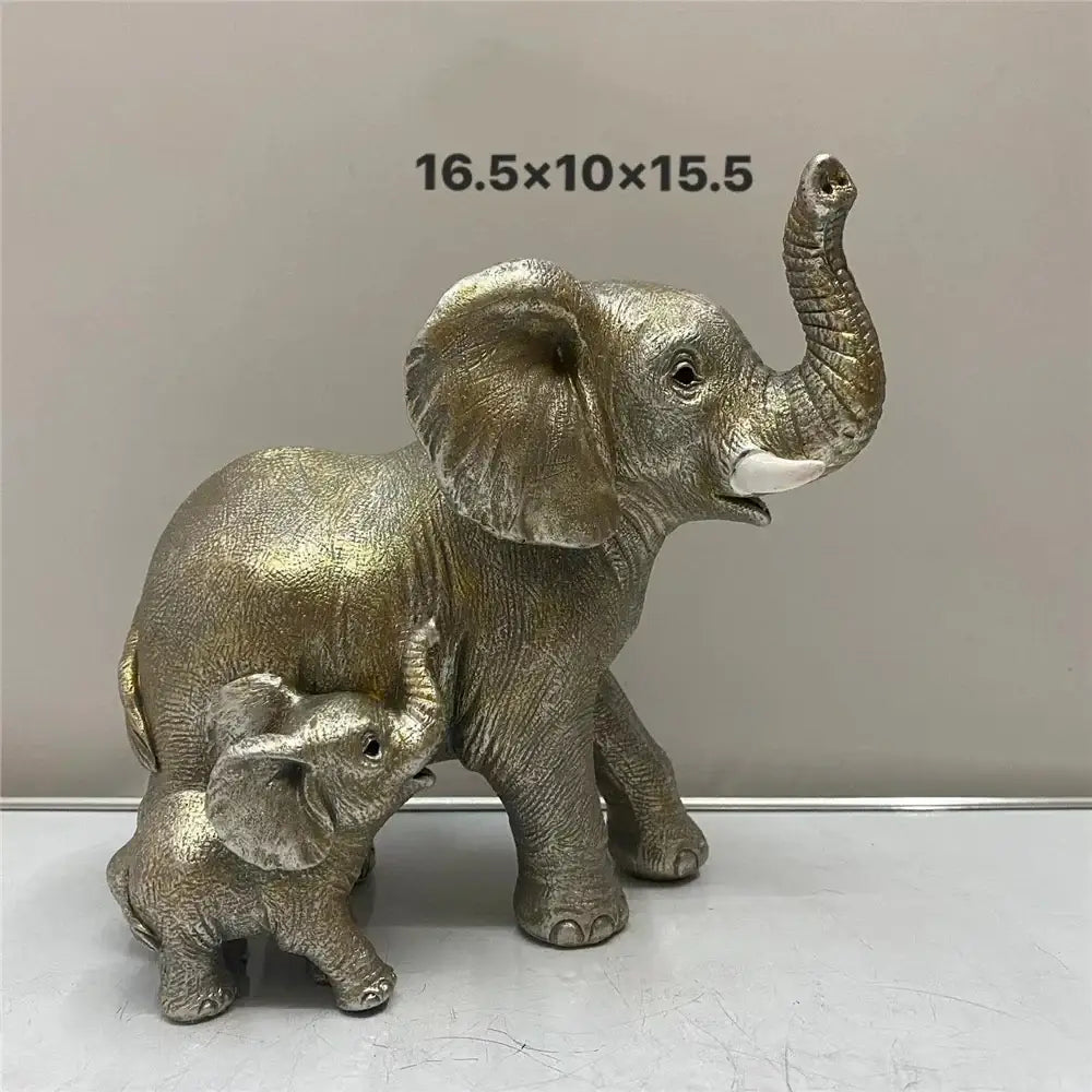 Silver-toned resin elephant family figurine with raised trunk and baby elephant for living room ornament in antique bronze style