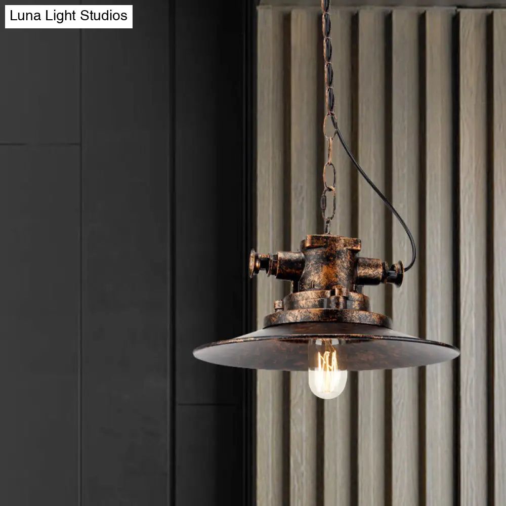 Antique Bronze Farmhouse Pendant Light - Wrought Iron with Flat Shade, 1 Light for Restaurants