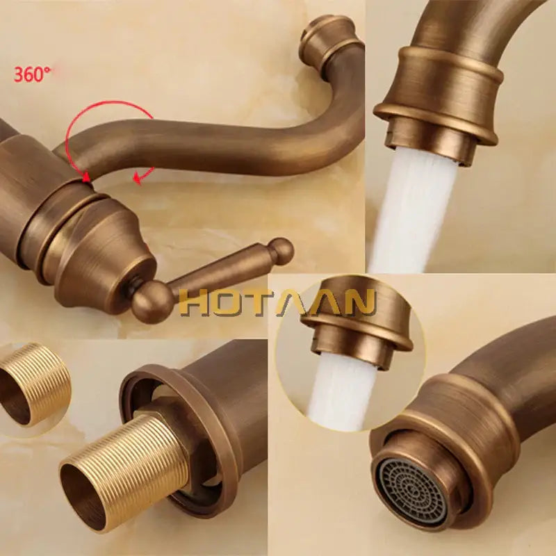 Antique bronze finish bathroom sink faucet with decorbites bronze finish, swivel spout, and pull-out spray head