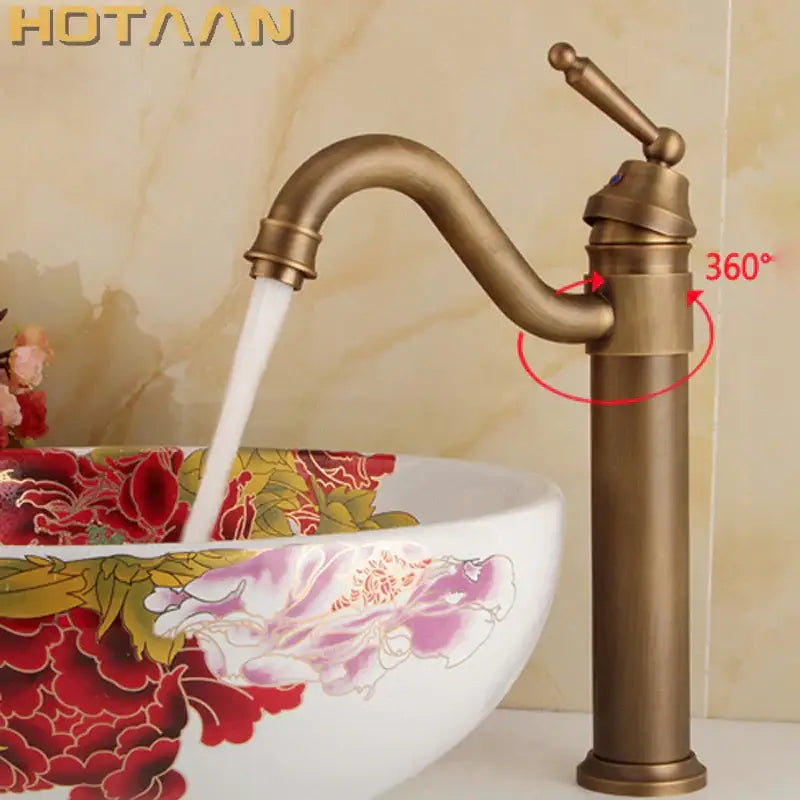 Antique brass-finished hotaan tall single-handle bathroom faucet with curved spout and 360-degree swivel base for bronze finish bathroom decorbites