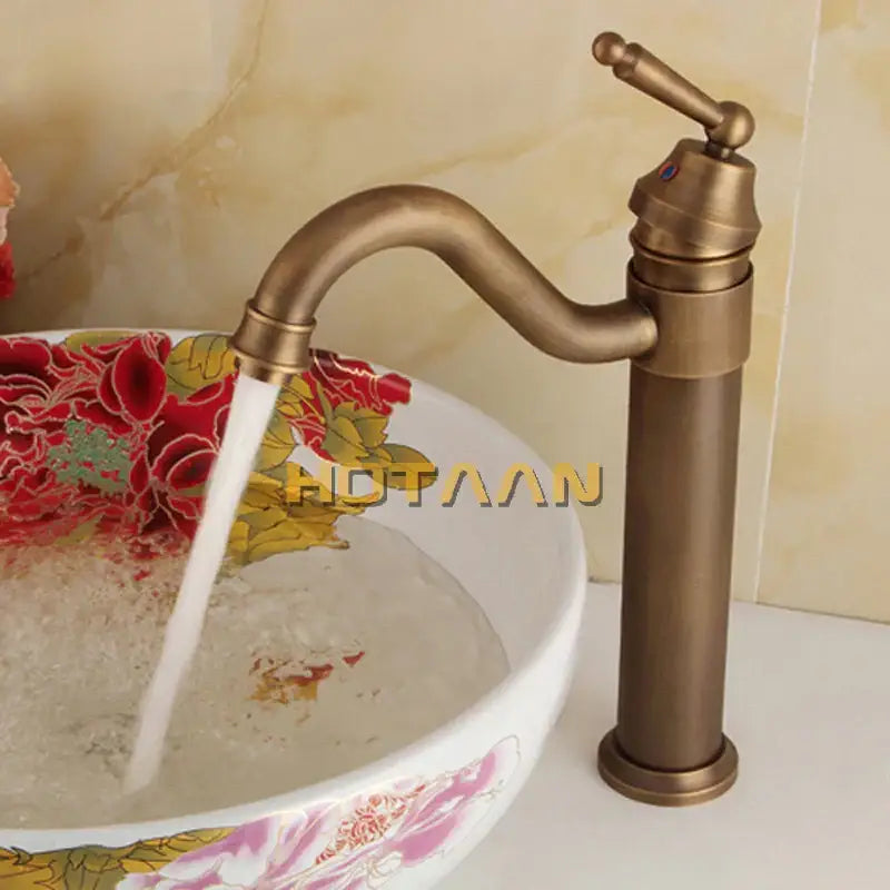 Antique bronze finish bathroom sink faucet with decorbites bronze finish swivel spout and single-handle curved design