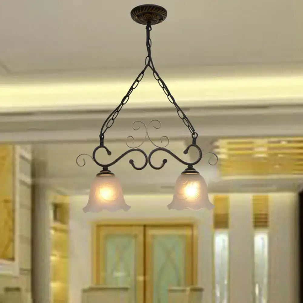 Antique bronze wrought iron pendant light with two flared frosted glass bell shades for dining room 220v-240v 110v-120v