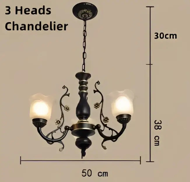Black wrought iron antique bronze flower glass shade ceiling chandelier with three ornate arms and frosted glass shades