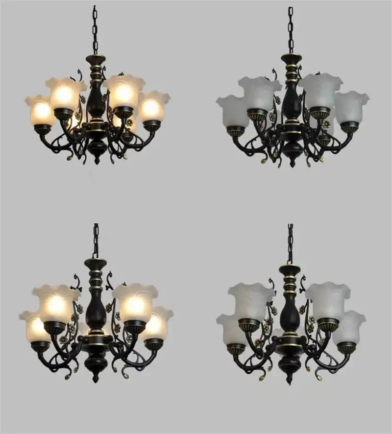 Antique bronze wrought iron ceiling chandelier with five frosted glass shades for dining room use