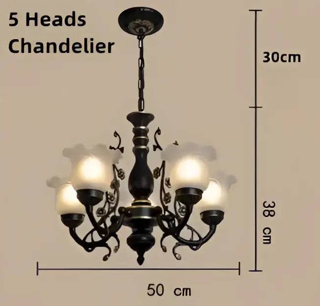 Antique bronze flower ceiling chandelier with black wrought iron frame and five frosted glass shade ceiling lights