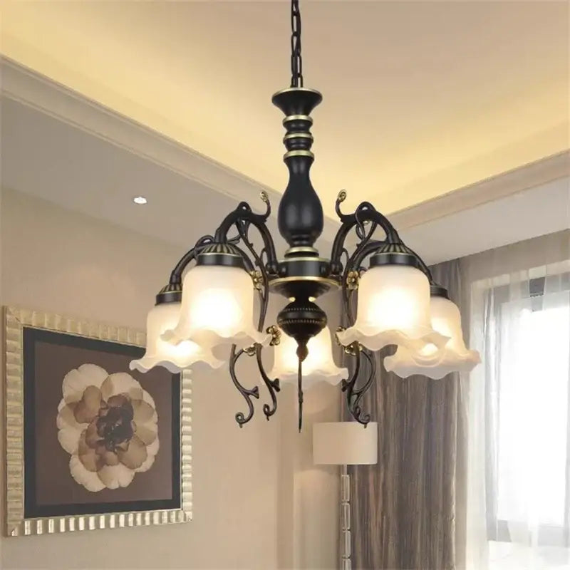 Elegant black wrought iron antique bronze flower glass shade ceiling chandelier with five frosted glass shades for dining room