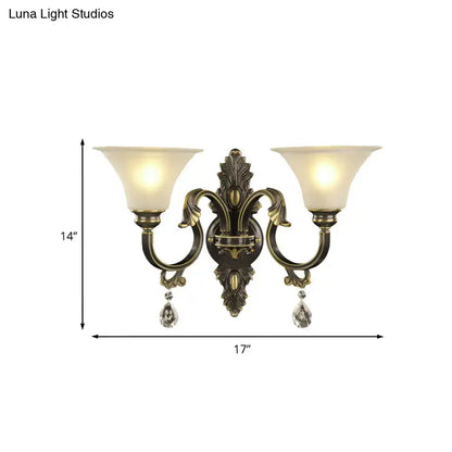 Antique bronze and gold wall mounted light fixture with e26 e27 sockets, brass two-light sconce, frosted glass, and crystal pendants