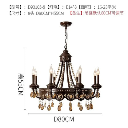 Antique bronze iron art crystal candle chandelier with eight lights and amber crystal droplets for living room decorbites iron art