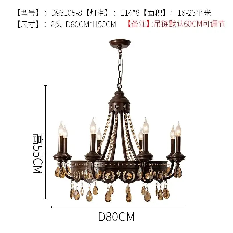 Antique bronze iron art crystal candle chandelier with eight lights and amber crystal droplets for living room decorbites iron art