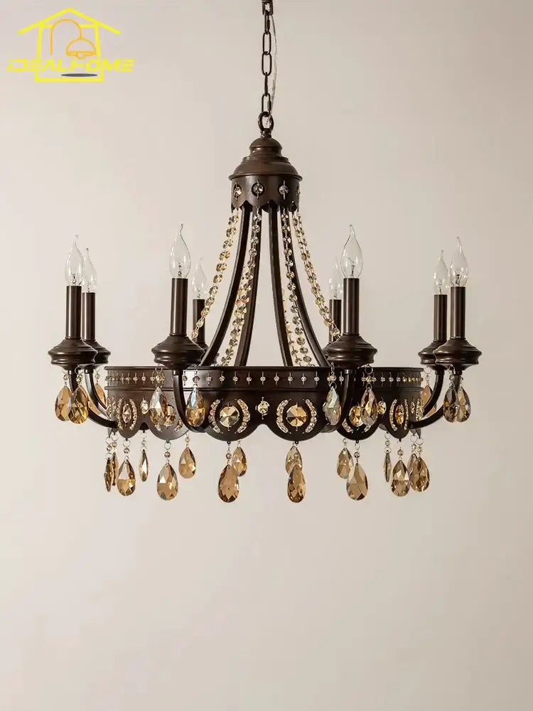 Antique bronze iron art crystal candle chandelier with amber crystal droplets and clear glass accents for living room decorbites iron art